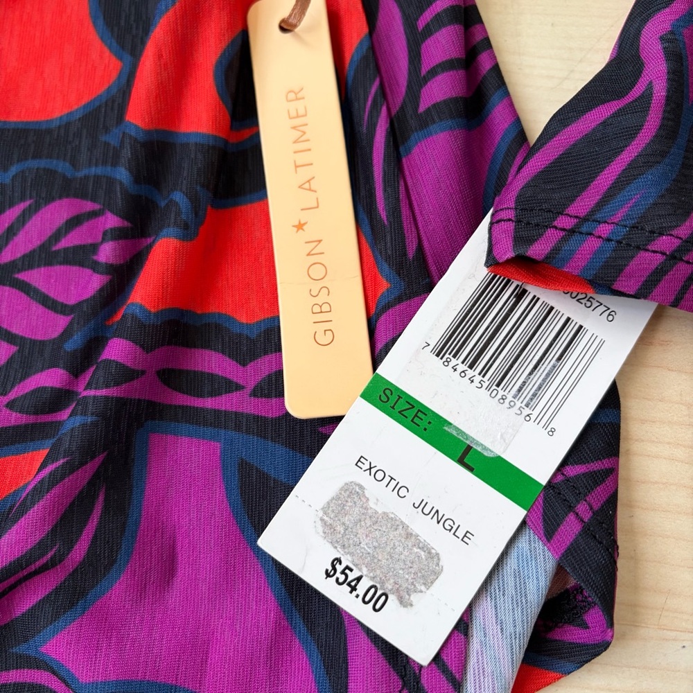 NWT Latimer Gibson Exotic Jungle Sz L Red and Purple Floral Open Shoulder Top - Picture 4 of 8